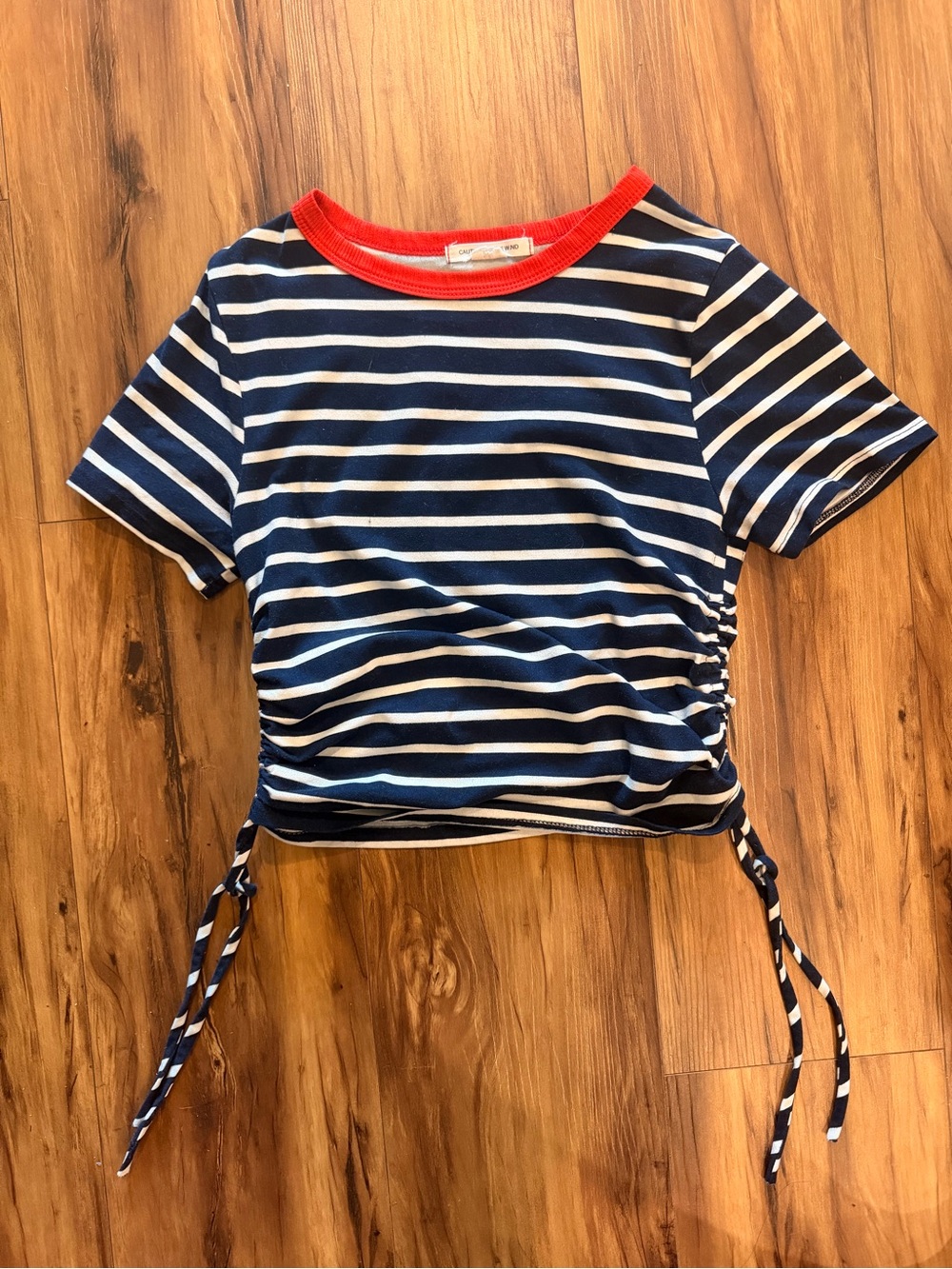 Caution To The Wind Navy & White Striped Short Sleeve Top with Red Neckline